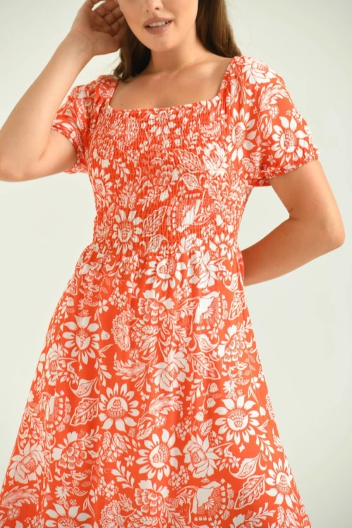 T097 NAR YAKA KOL VE BEL  LASTİK BÜZGÜLÜ KISA KOLLU KARE YAKA UZUN ELBİSE