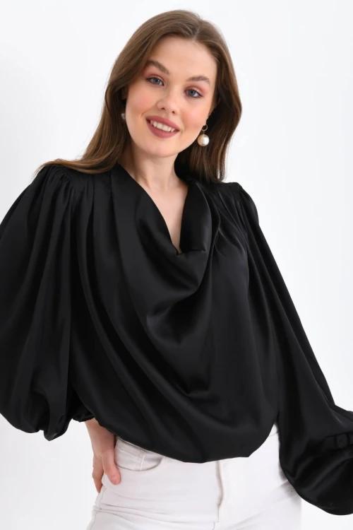 Kadın Gömlek Degaje Yaka Dökümlü Saten Gömlek Kadın Gömlek Siyah - 33026