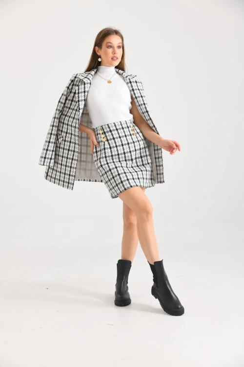 Kadın Blazer Ceket Ekose Desen Uzun Blazer Ceket Beyaz - KRN029