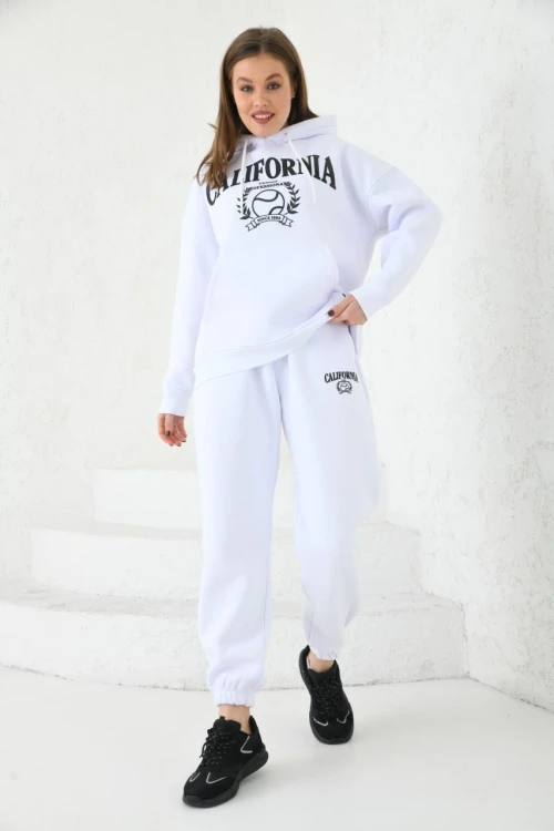 Kadın Eşofman Kapşonlu ve Şardonlu Eşofman Takımı Beyaz - KRN49
