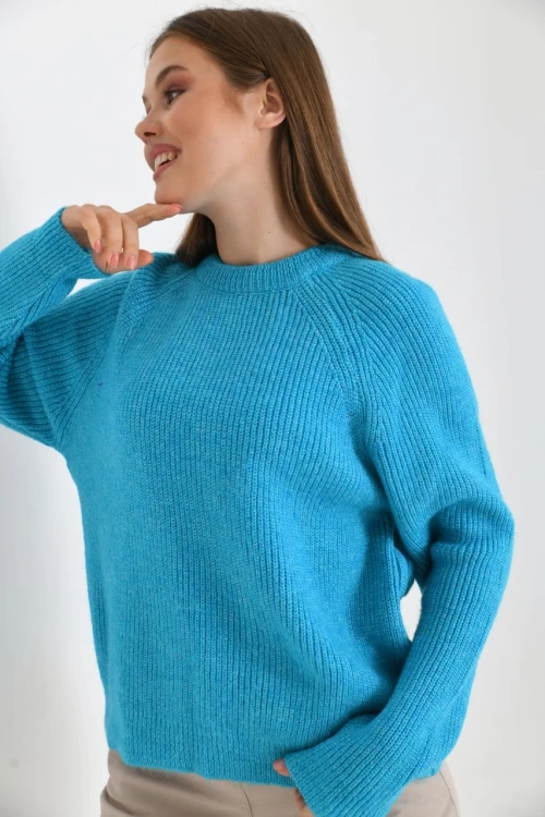 Kadın Kazak Bisiklet Yaka Kazak Turkuaz - 7559