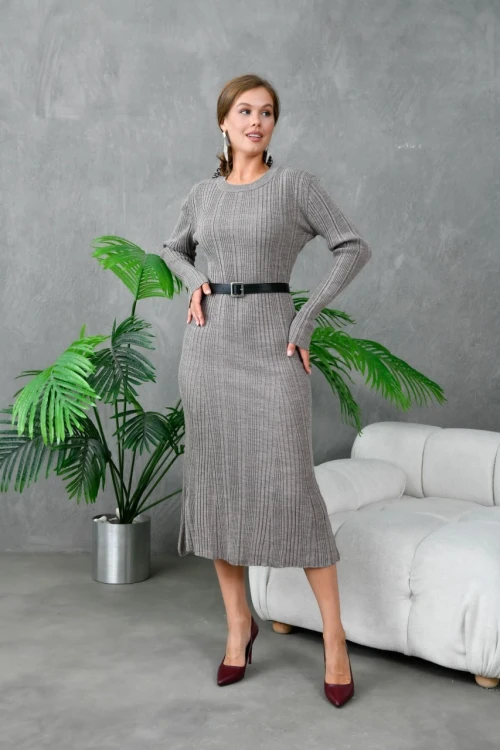 Kadın Elbise Bisiklet Yaka Midi Boy Elbise Vizon - 10823