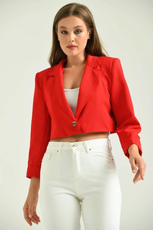 Kadın Blazer Ceket Tek Düğmeli Vatka Detaylı Kol Katlamalı Kadın Blazer Ceket Kırmızı - T032