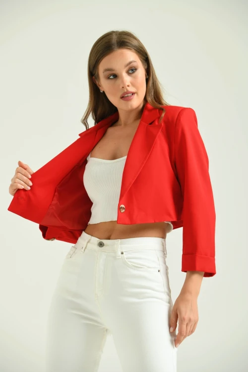 Kadın Blazer Ceket Tek Düğmeli Vatka Detaylı Kol Katlamalı Kadın Blazer Ceket Kırmızı - T032