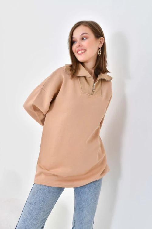 Kadın Sweat Boyunlu ve Yakası Fermuarlı Şardonlu Sweat Kahve - D007