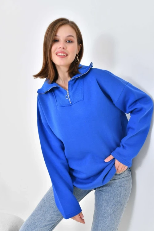 Kadın Sweat Boyunlu ve Yakası Fermuarlı Şardonlu Sweat Mavi - D007