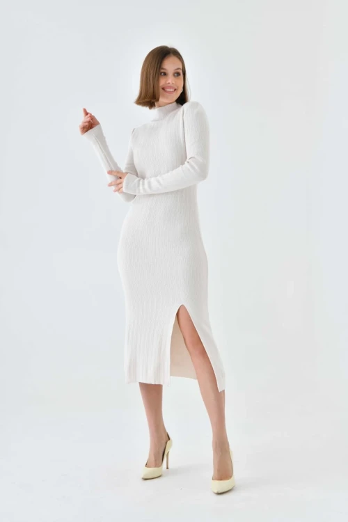 Kadın Elbise Boyunlu Yırtmaçlı Örme Elbise Taş - 10582