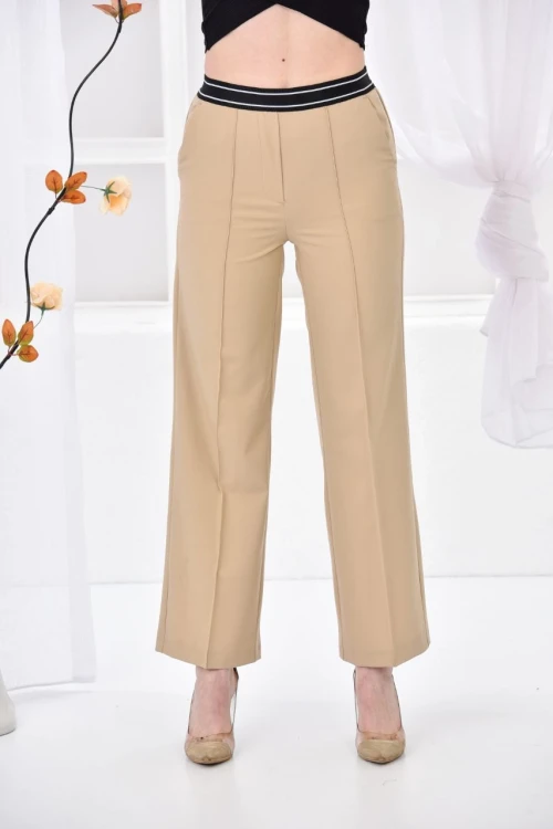 Kadın Pantolon Beli Lastikli Geniş Paça Pantolon Camel - E044