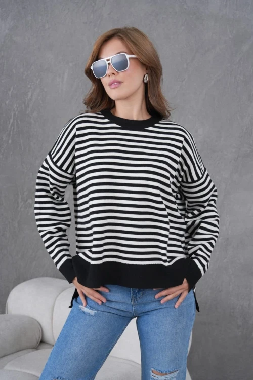 Kadın Çizgili Corspan Yuvarlak Yaka Kazak