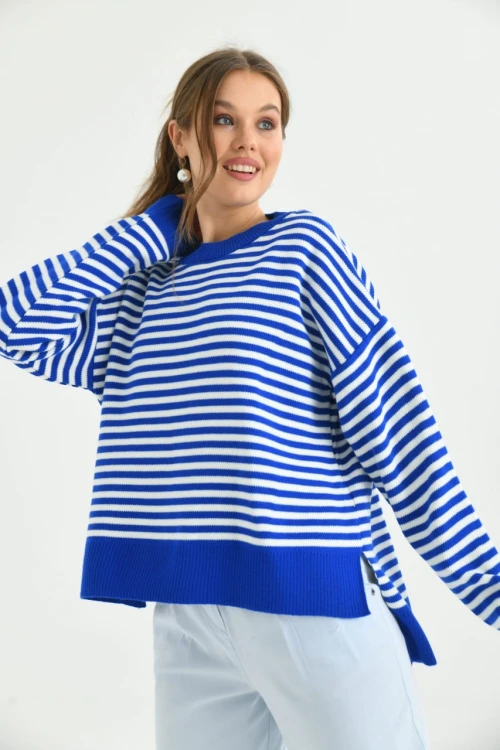 Kadın Kazak Çizgili Yuvarlak Yaka Kazak Saks - 224520