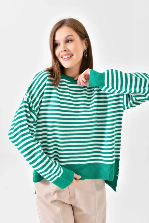 Kadın Kazak Çizgili Yuvarlak Yaka Kazak B.Yeşil - 224520