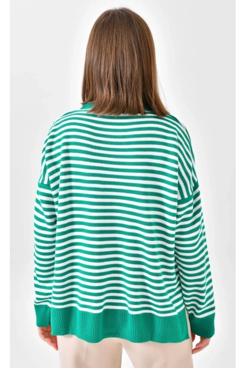 Kadın Kazak Çizgili Yuvarlak Yaka Kazak B.Yeşil - 224520