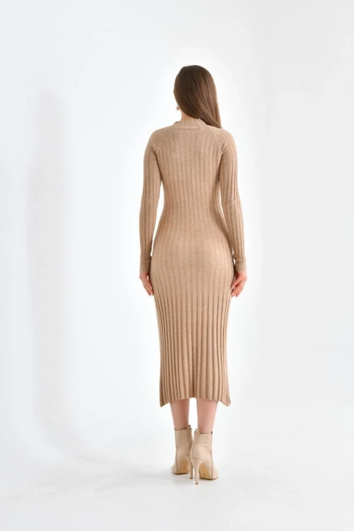 Kadın Elbise Dik Yaka Triko Midi Boy Elbise Camel - 10262
