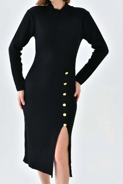 Kadın Elbise Dik Yaka Yırtmaçlı Eteği Düğmeli Elbise Siyah - 10581