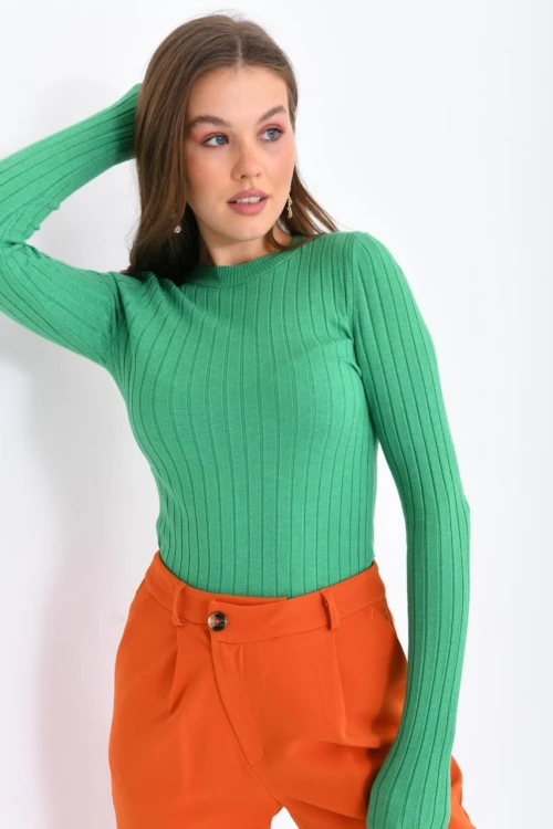 Kadın Fitilli Yuvarlak Yaka İnce Kazak