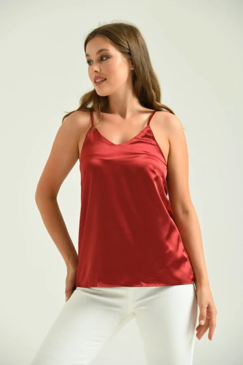 Kadın Atlet İp Askılı Saten Atlet Bordo - T091