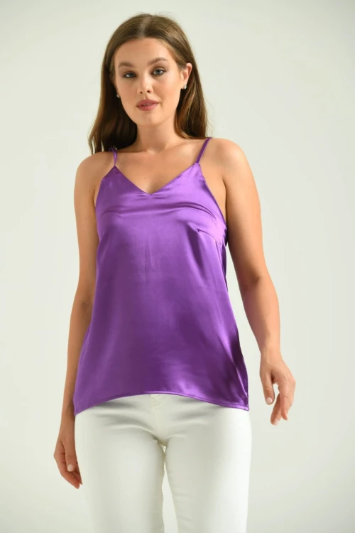 Kadın Atlet İp Askılı Saten Atlet Mor - T091