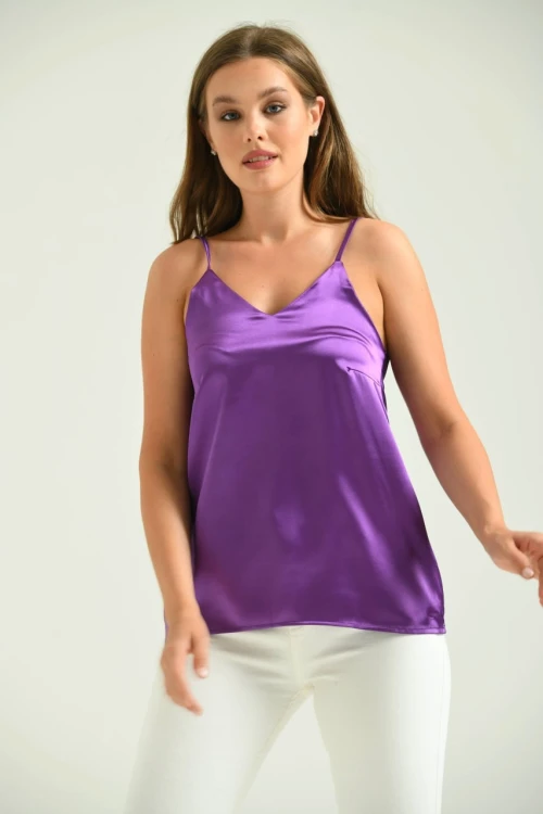 Kadın Atlet İp Askılı Saten Atlet Mor - T091