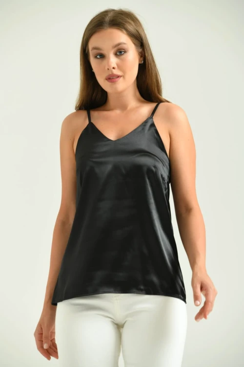 Kadın Atlet İp Askılı Saten Atlet Siyah - T091