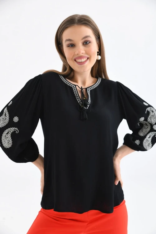 Kadın Bluz İşlemeli Bluz Siyah - 23039