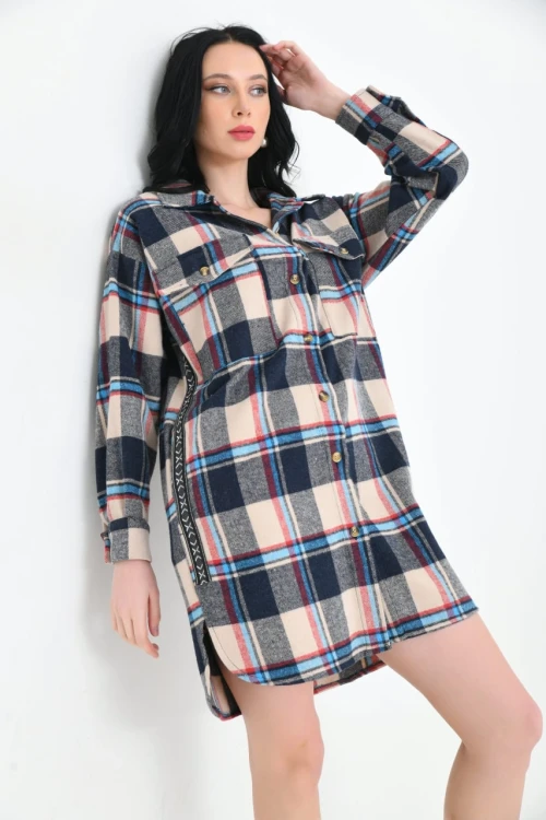 Kadın Kareli Bej-Siyah Oduncu Gömleği