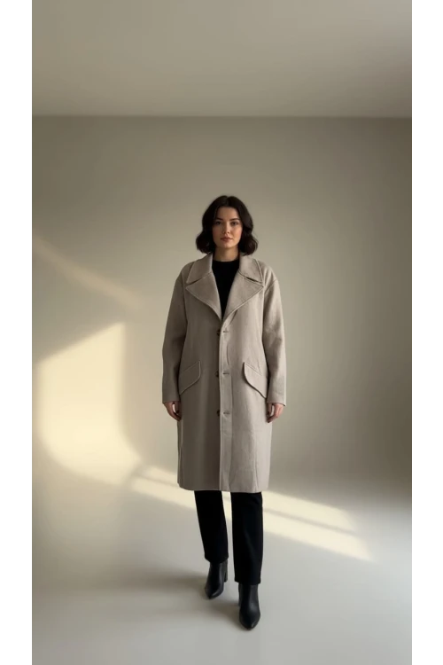 Kadın Kaşe Kaban Cep Görünümlü Uzun Kaşe Kaban