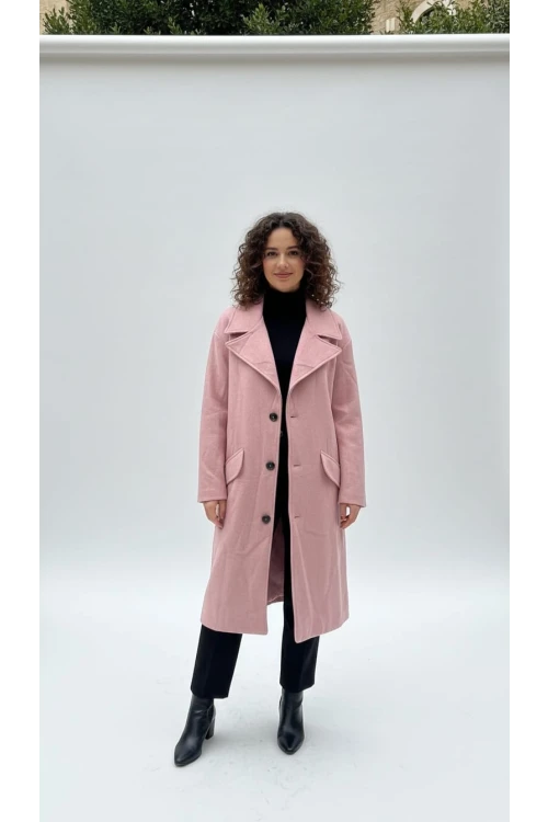 Kadın Kaşe Kaban Cep Görünümlü Uzun Kaşe Kaban