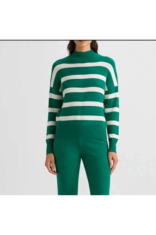 Kadın Kazak Pantolon 2Li Set Takım Çizgili Pantolonlu Kazak ve Pantolon Yeşil - 214036