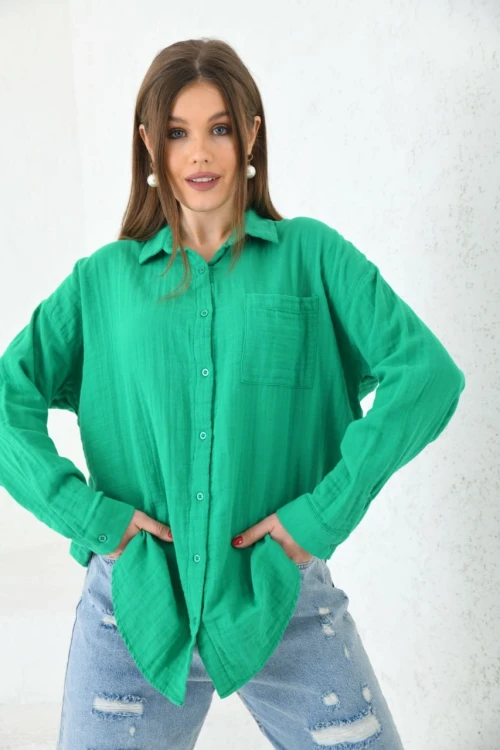 Kadın Gömlek Müslin Kumaş Cepli Uzun Kollu Kadın Gömlek Yeşil - 23010