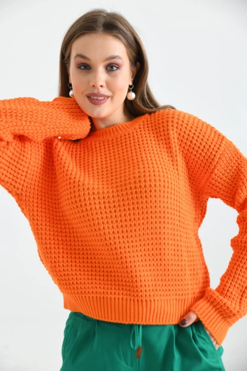 Kadın Kazak Bisiklet Yaka Tek Renk Örme Kazak Orange - 225004