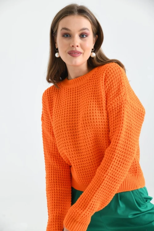 Kadın Kazak Bisiklet Yaka Tek Renk Örme Kazak Orange - 225004