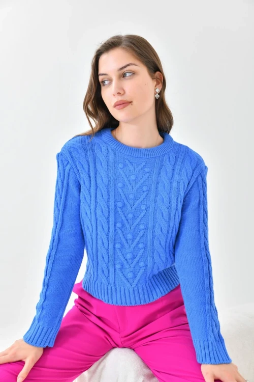 Kadın Kazak Örme Desen Detaylı Bel Boy Bisiklet Yaka Kazak Saks - 6006