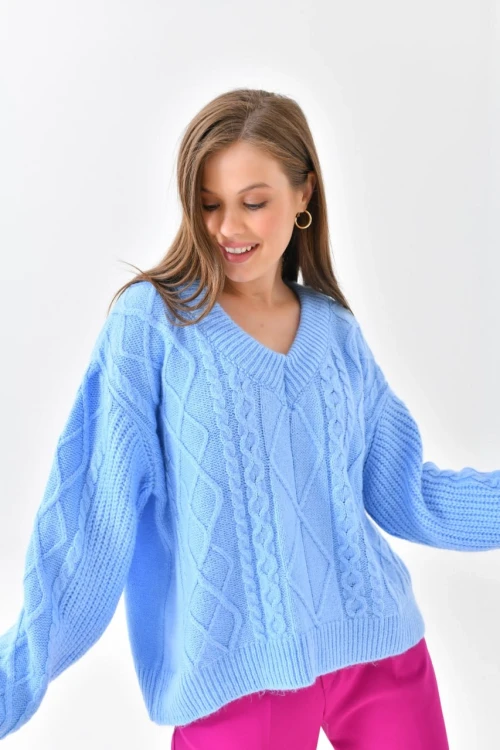 Kadın Kazak Örme Desenli Kazak Bebe Mavi - 5857