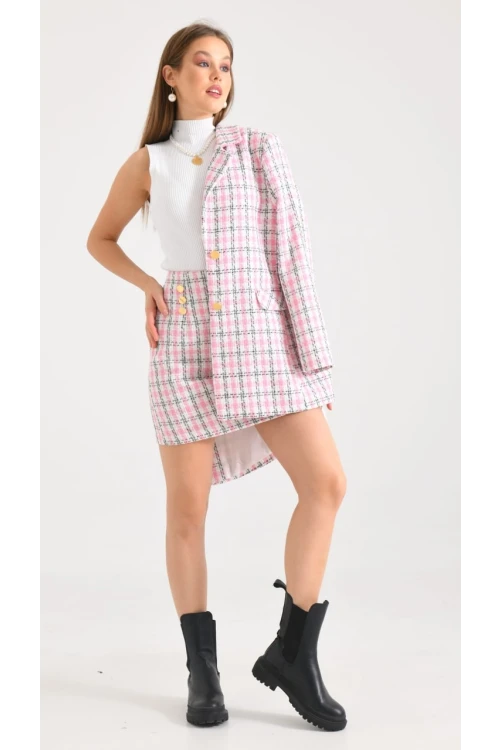 Kadın Blazer Ceket Ekose Desen Uzun Blazer Ceket Pembe - KRN029