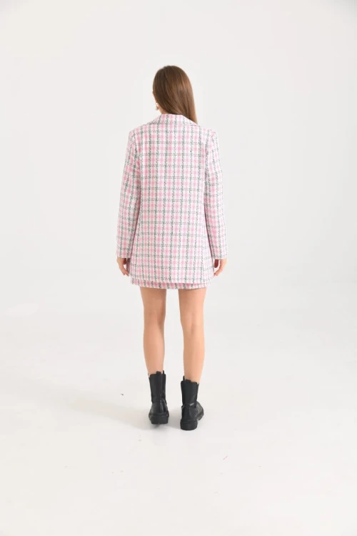 Kadın Blazer Ceket Ekose Desen Uzun Blazer Ceket Pembe - KRN029