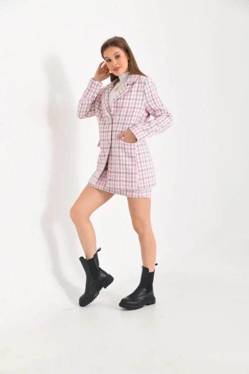 Kadın Kısa Etek Ekose Desen Pembe - KRN029E