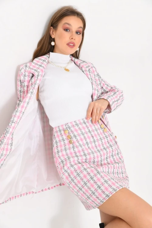 Kadın Kısa Etek Ekose Desen Pembe - KRN029E