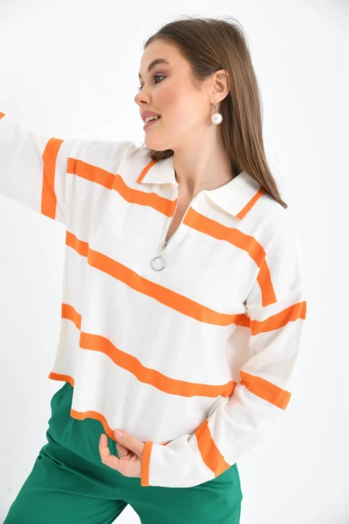 Kadın Kazak Polo Yaka Fermuarlı Kazak Turuncu - 10118