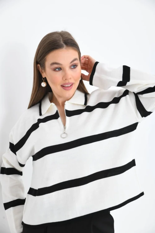 Kadın Kazak Polo Yaka Fermuarlı Kazak Siyah - 10118