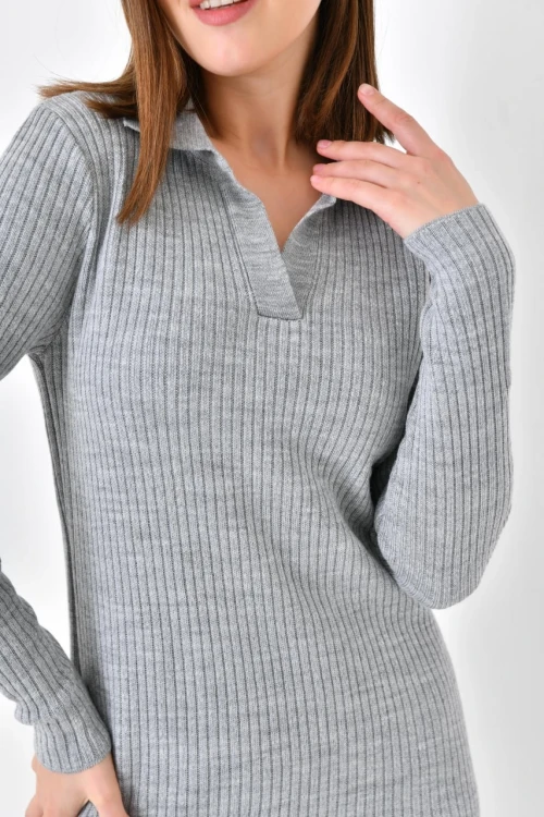 Kadın Elbise Polo Yaka Triko Elbise Gri - 10542