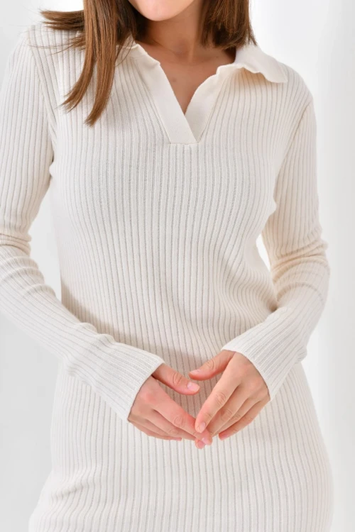 Kadın Elbise Polo Yaka Triko Elbise Taş - 10542