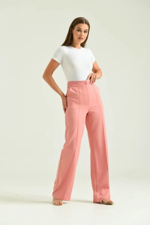 Kadın Pantolon Geniş Paça Likralı Cepli Düğmeli Kadın Pantolon Pudra - T019