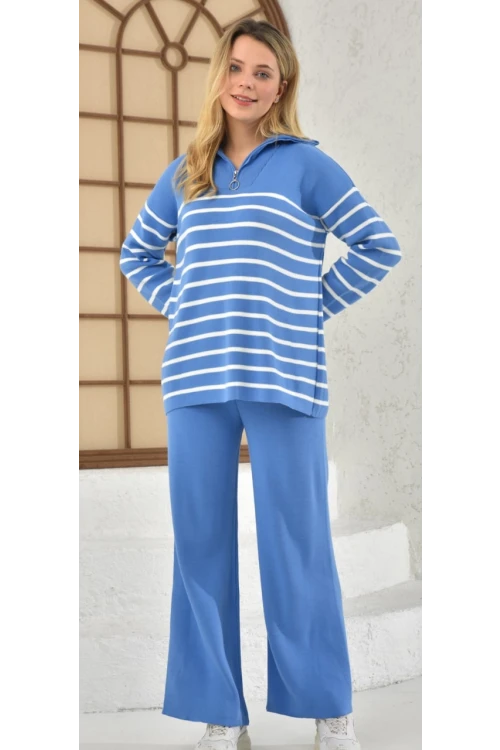 Kadın Kazak Yaka Fermuarlı Pantolon 2Li Set Takım Çizgili Pantolonlu Kazak ve Pantolon Saks - 214550