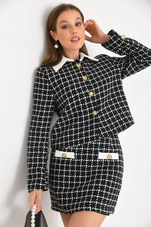 Kadın Blazer Ceket Garni Detay Uzun Blazer Ceket Siyah - KRN026