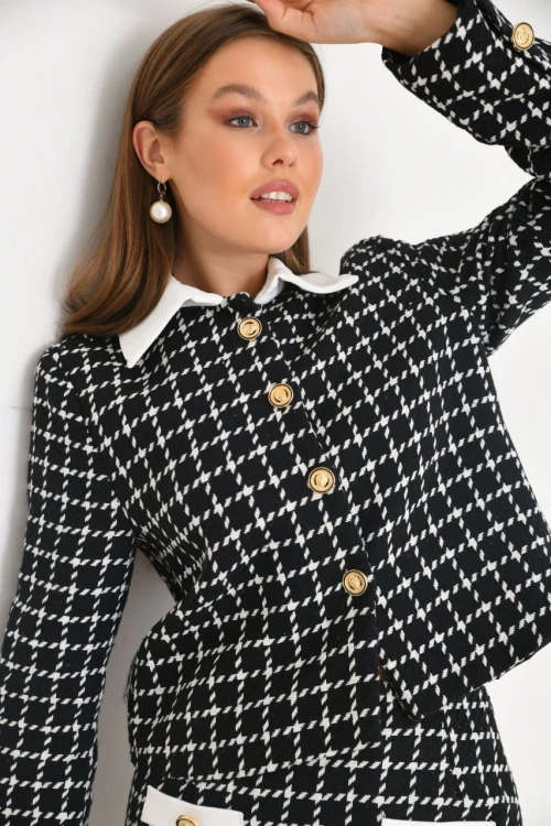 Kadın Blazer Ceket Garni Detay Uzun Blazer Ceket Siyah - KRN026