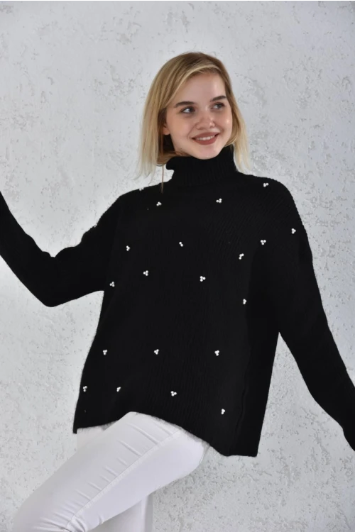 Kadın Kazak Taş İşlemeli Boyunlu Kazak Kadın Kazak