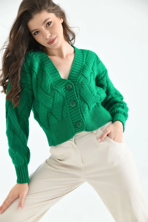 Kadın Ceket Triko Düğmeli V Yaka Ceket Yeşil - 215006