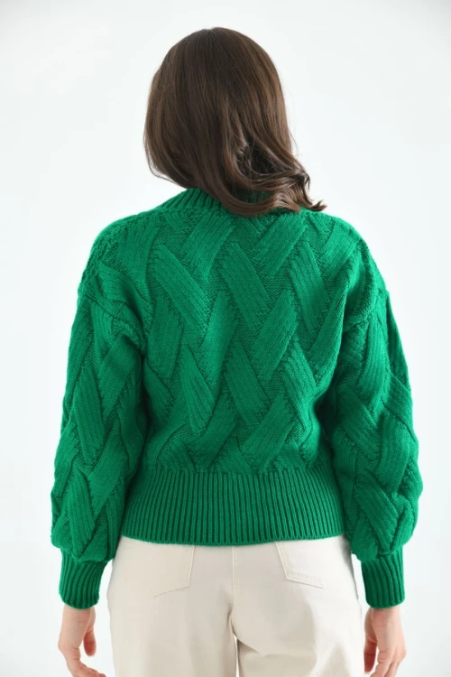 Kadın Ceket Triko Düğmeli V Yaka Ceket Yeşil - 215006