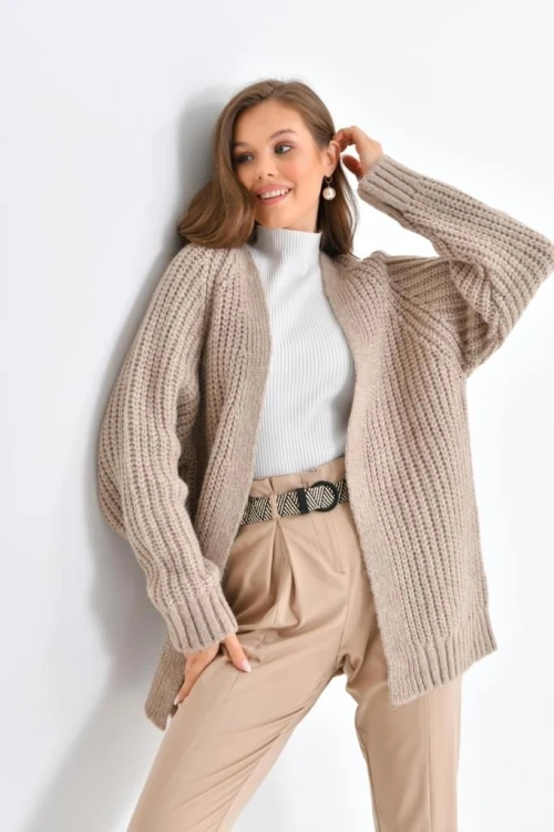 Kadın Uzun Düğmesiz Triko Ceket