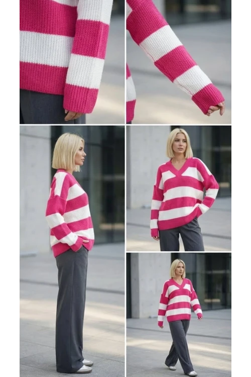 Kadın Kazak V Yaka Kalın Çizgili Kazak